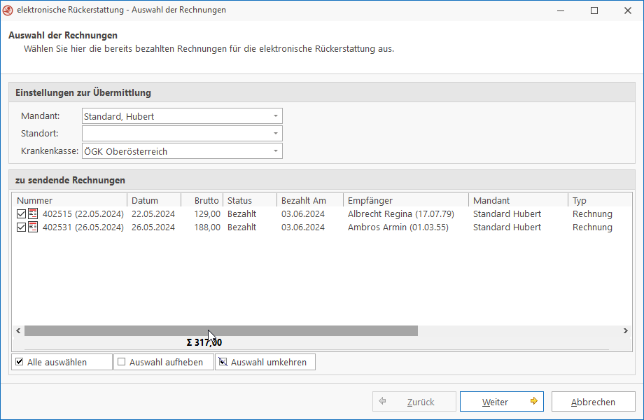 elektronische Rückerstattung: Auswahl der Rechnungen